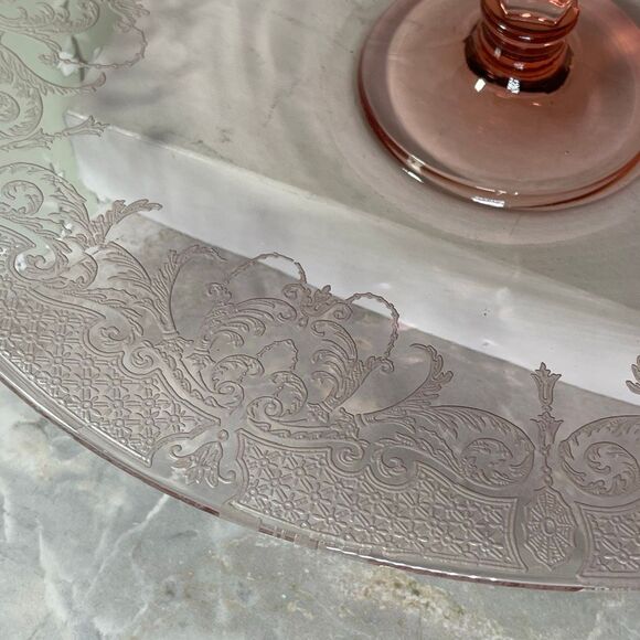 Pink Depression glass etched floral scroll pattern oval platter handle. - Picture 2 of 13